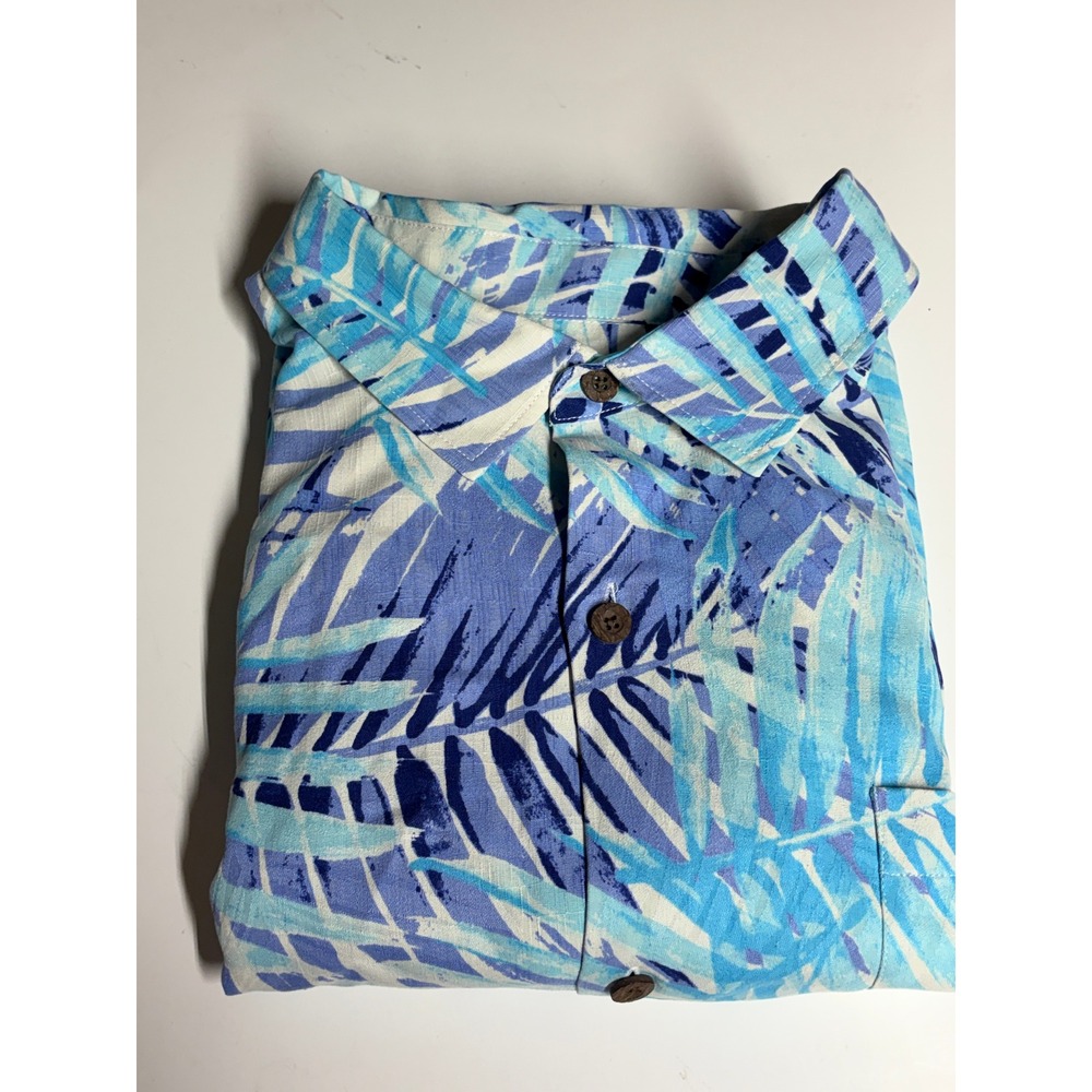 Tommy Bahama Mens Button Up Shirt Size XXL Blue Silk Tropical Palm Leaf Vacation